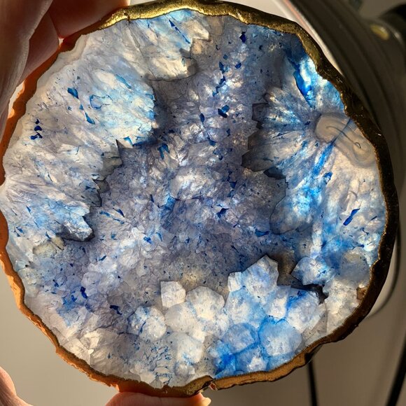 Set of Four Agate Blue Glass, Gold-Tone Trim Coasters w/ Felt Made In India 4"D - Picture 2 of 3